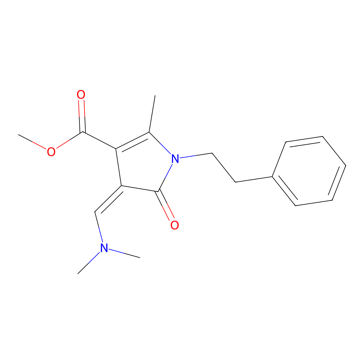 methyl 3-[(Z)-(dimethylamino)methylidene]-5-methyl-2-oxo-1-phenethyl-1,2-dihydro-3H-pyrrole-4-carboxylate molecular structure, CAS 477890-31-6