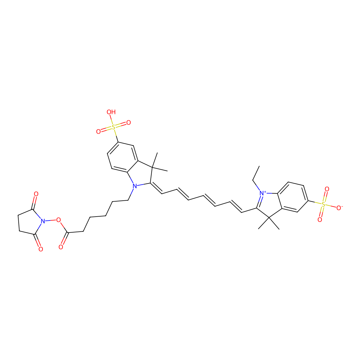 (2Z)-2-[(2E,4E,6E)-7-[1-[6-(2,5-Dioxopyrrolidin-1-yl)oxy-6-oxohexyl]-3,3-dimethyl-5-sulfoindol-1-ium-2-yl]hepta-2,4,6-trienylidene]-1-ethyl-3,3-dimethylindole-5-sulfonate molecular structure, CAS 477908-53-5