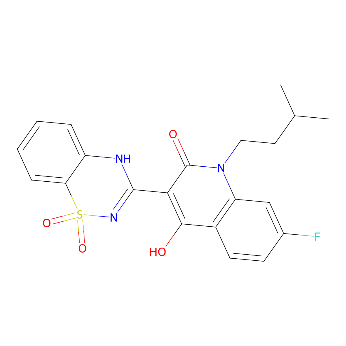 3-(1,1-dioxido-2H-1,2,4-benzothiadiazin-3-yl)-7-fluoro-4-hydroxy-1-(3-methylbutyl)-2(1H)-Quinolinone molecular structure, CAS 477930-58-8