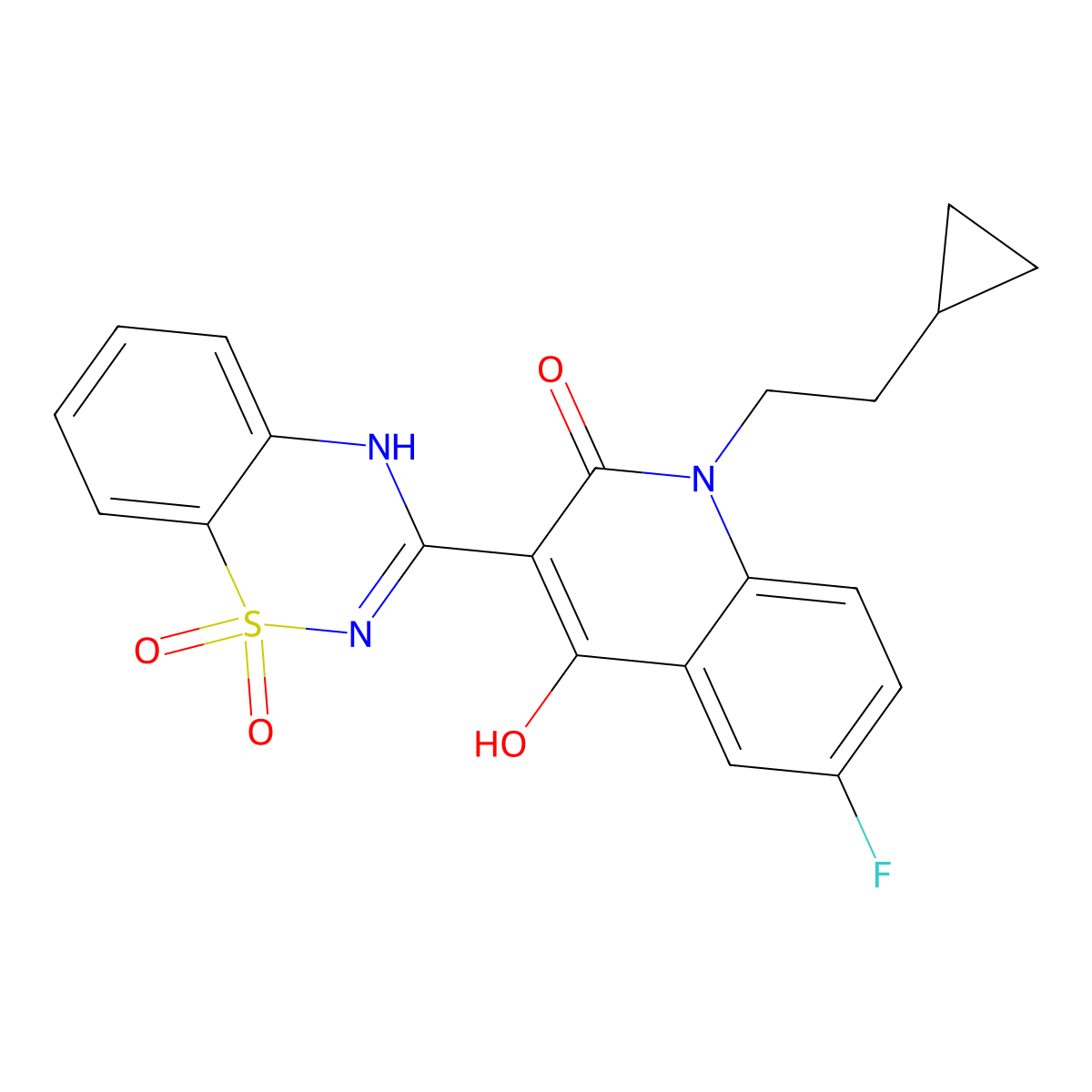 1-(2-cyclopropylethyl)-3-(1,1-dioxo-2H-1,2,4-benzothiadiazin-3-yl)-6-fluoro-4-hydroxy-2(1H)-quinolinone molecular structure, CAS 477931-14-9