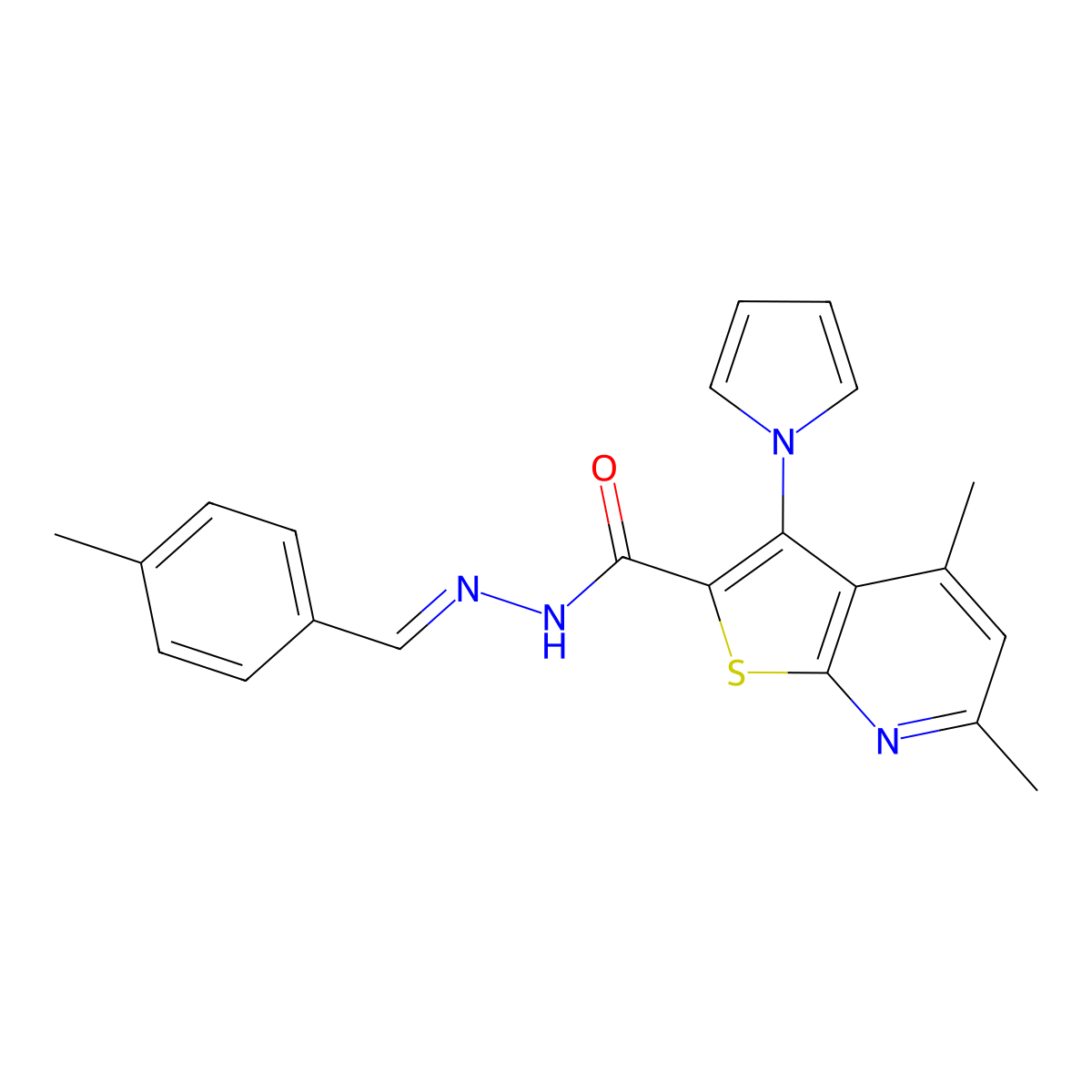 4,6-dimethyl-N'-[(E)-(4-methylphenyl)methylidene]-3-(1H-pyrrol-1-yl)thieno[2,3-b]pyridine-2-carbohydrazide molecular structure, CAS 478029-11-7