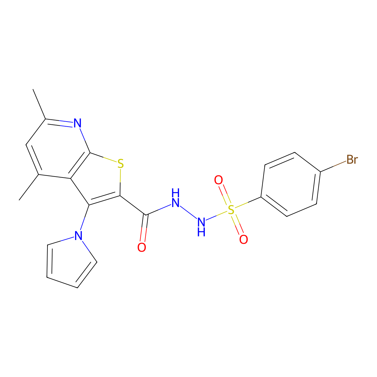 4-bromo-N'-{[4,6-dimethyl-3-(1H-pyrrol-1-yl)thieno[2,3-b]pyridin-2-yl]carbonyl}benzenesulfonohydrazide molecular structure, CAS 478029-12-8