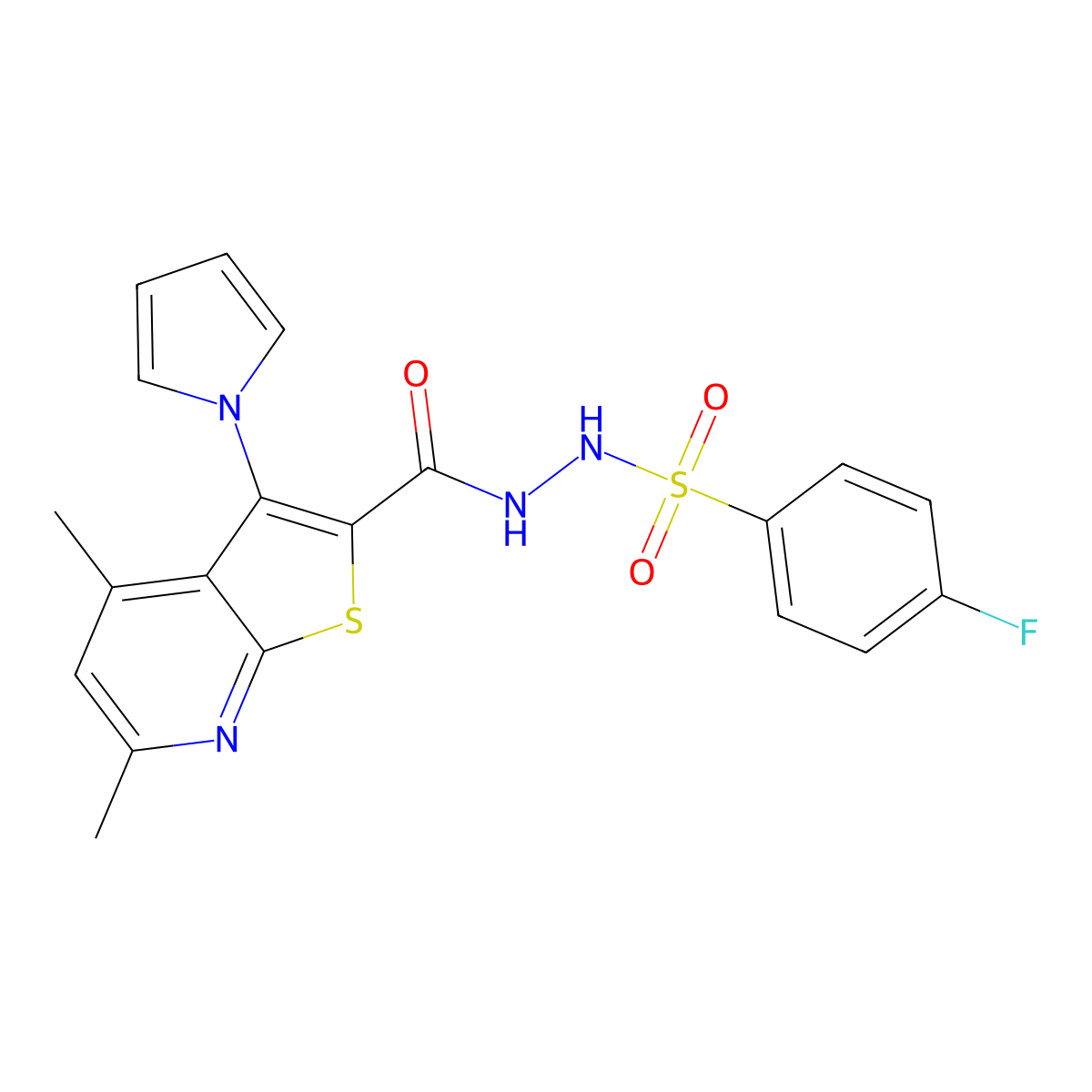 N'-{[4,6-dimethyl-3-(1H-pyrrol-1-yl)thieno[2,3-b]pyridin-2-yl]carbonyl}-4-fluorobenzenesulfonohydrazide molecular structure, CAS 478029-13-9