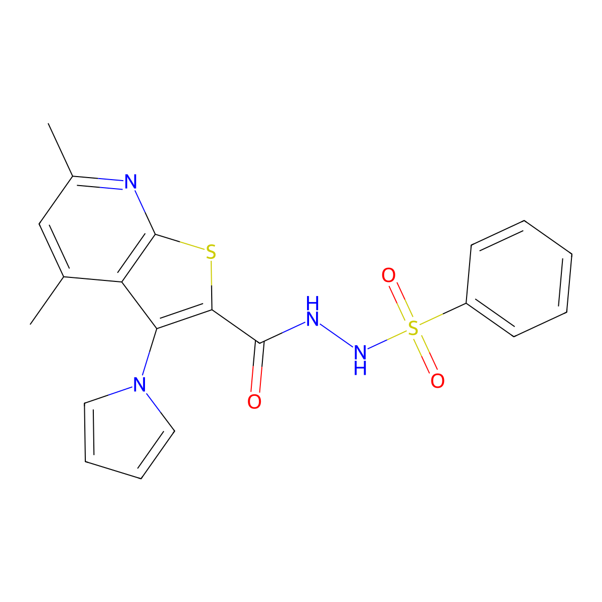 N'-{[4,6-dimethyl-3-(1H-pyrrol-1-yl)thieno[2,3-b]pyridin-2-yl]carbonyl}benzenesulfonohydrazide molecular structure, CAS 478029-14-0