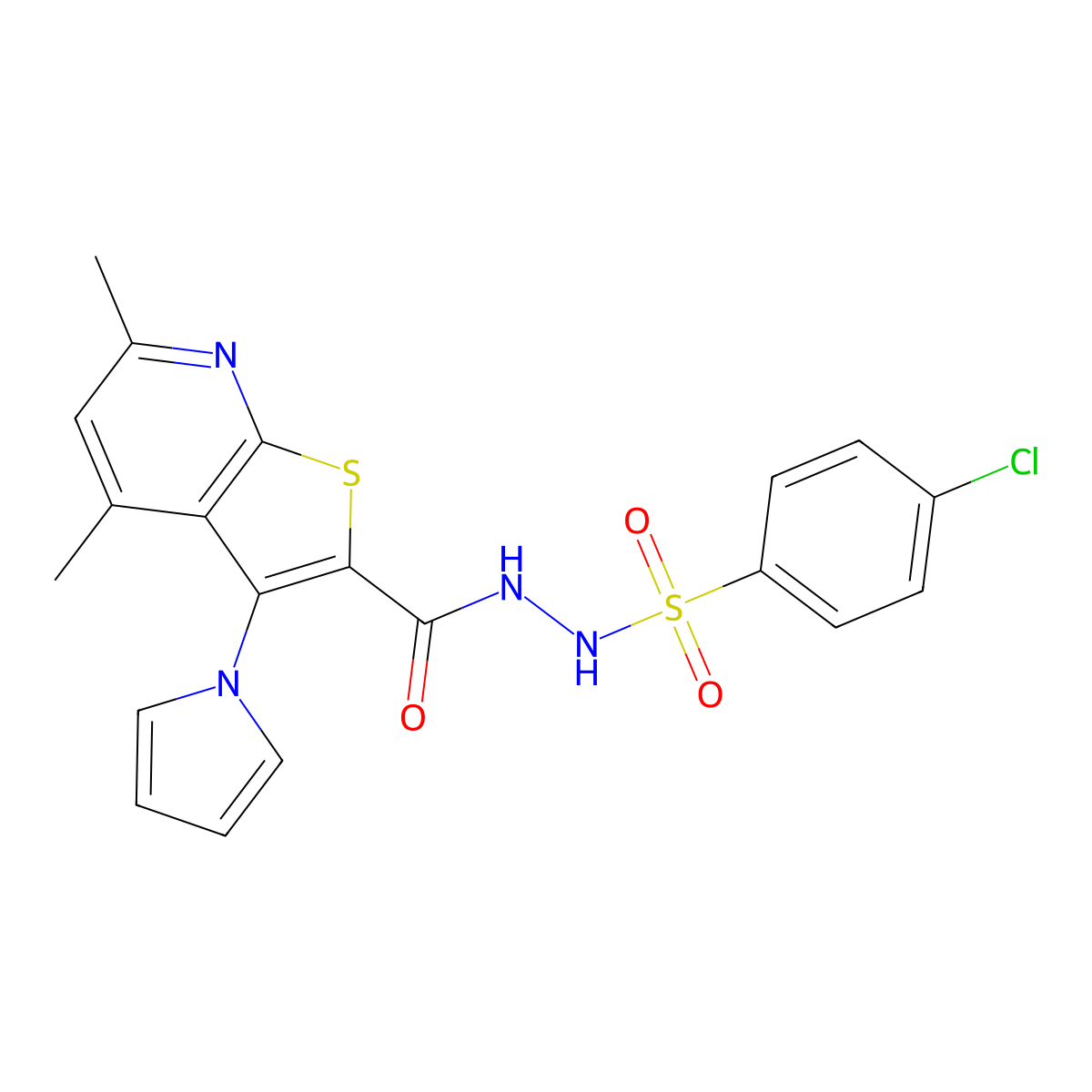 4-chloro-N'-{[4,6-dimethyl-3-(1H-pyrrol-1-yl)thieno[2,3-b]pyridin-2-yl]carbonyl}benzenesulfonohydrazide molecular structure, CAS 478029-15-1