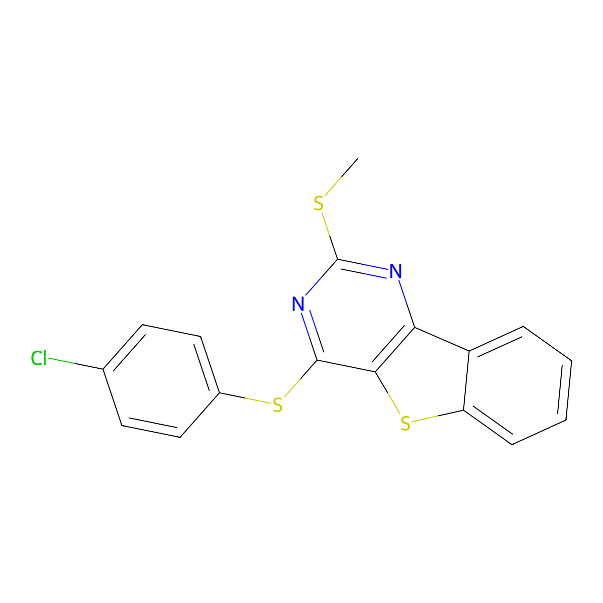 4-Chlorophenyl 2-(methylsulfanyl)[1]benzothieno[3,2-d]pyrimidin-4-yl sulfide molecular structure, CAS 478029-94-6