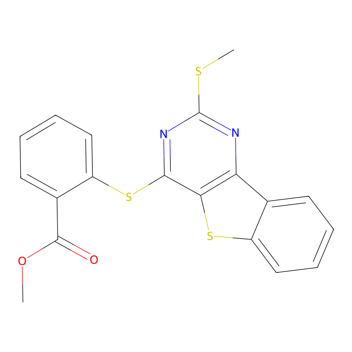 Methyl 2-{[2-(methylsulfanyl)[1]benzothieno[3,2-d]pyrimidin-4-yl]sulfanyl}benzenecarboxylate molecular structure, CAS 478029-96-8