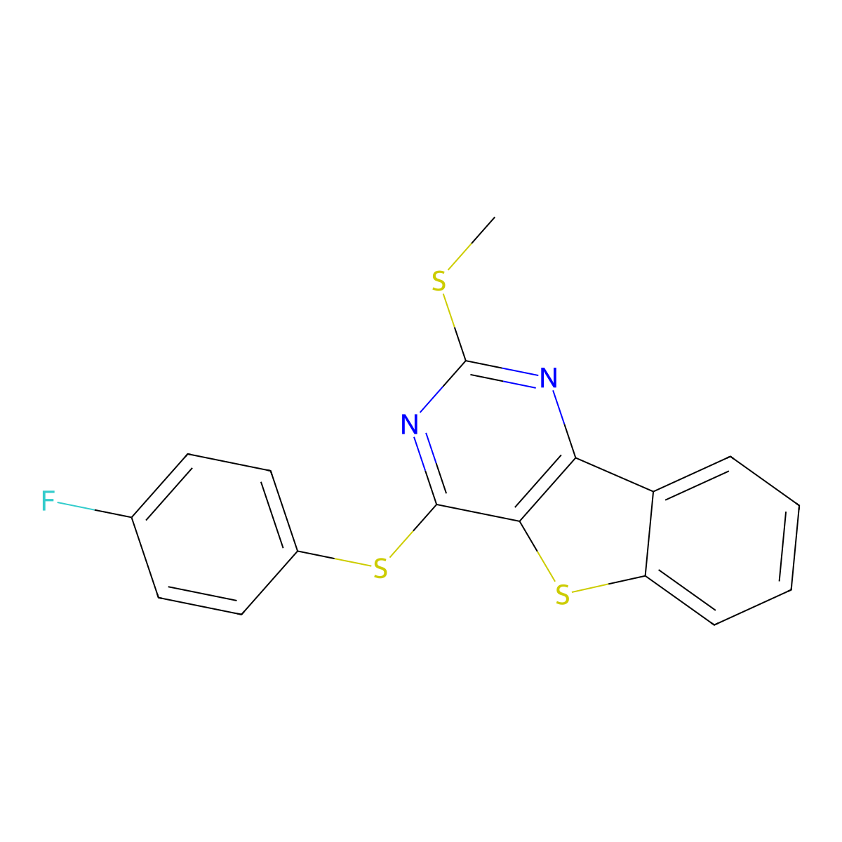 4-Fluorophenyl 2-(methylsulfanyl)[1]benzothieno[3,2-d]pyrimidin-4-yl sulfide molecular structure, CAS 478029-97-9