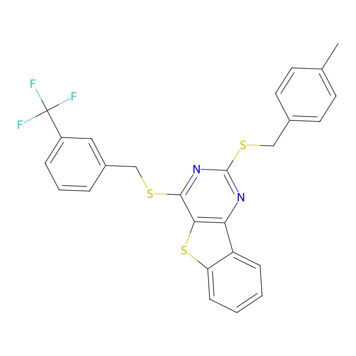 4-Methylbenzyl 4-{[3-(trifluoromethyl)benzyl]sulfanyl}[1]benzothieno[3,2-d]pyrimidin-2-yl sulfide molecular structure, CAS 478030-04-5