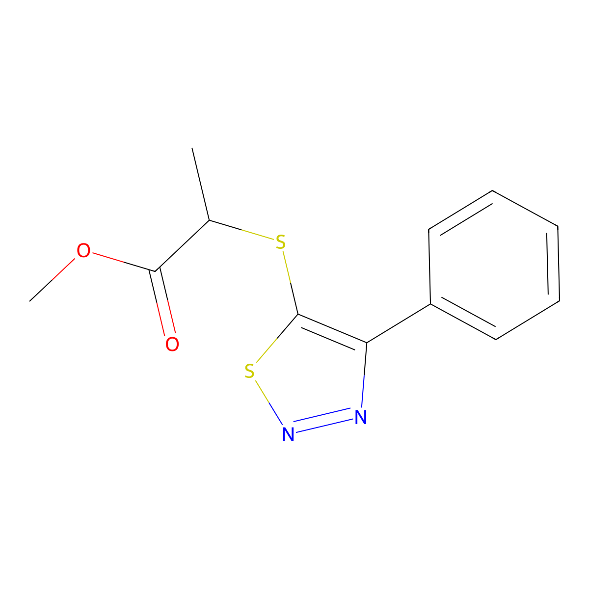 Methyl 2-[(4-phenyl-1,2,3-thiadiazol-5-yl)sulfanyl]propanoate molecular structure, CAS 478030-88-5