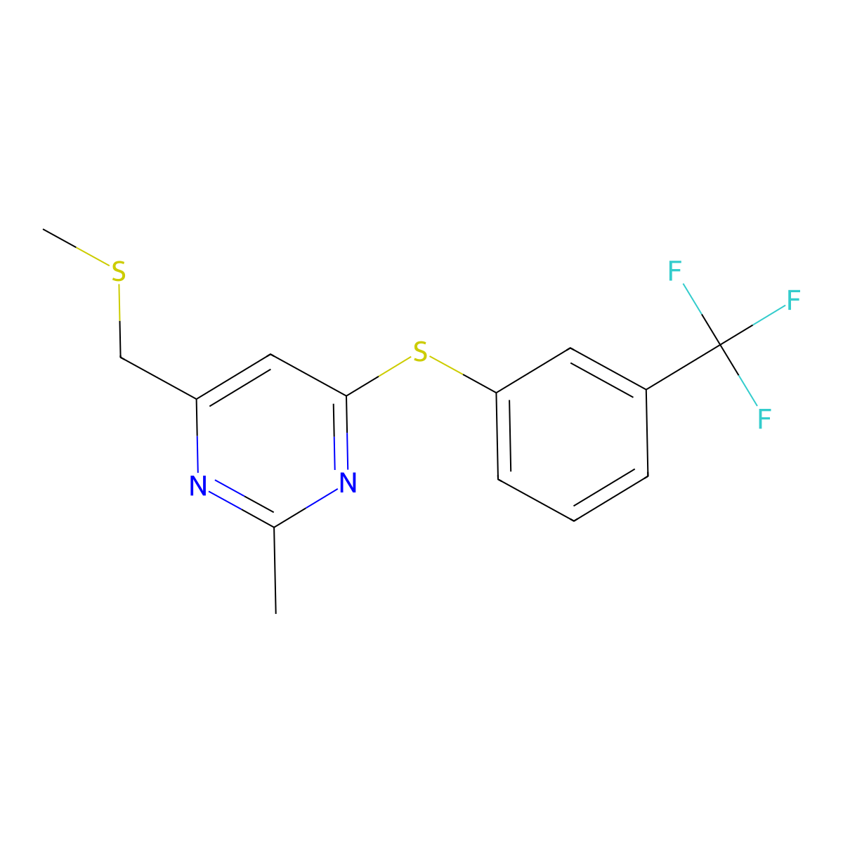 2-Methyl-4-[(methylsulfanyl)methyl]-6-{[3-(trifluoromethyl)phenyl]sulfanyl}pyrimidine molecular structure, CAS 478031-26-4