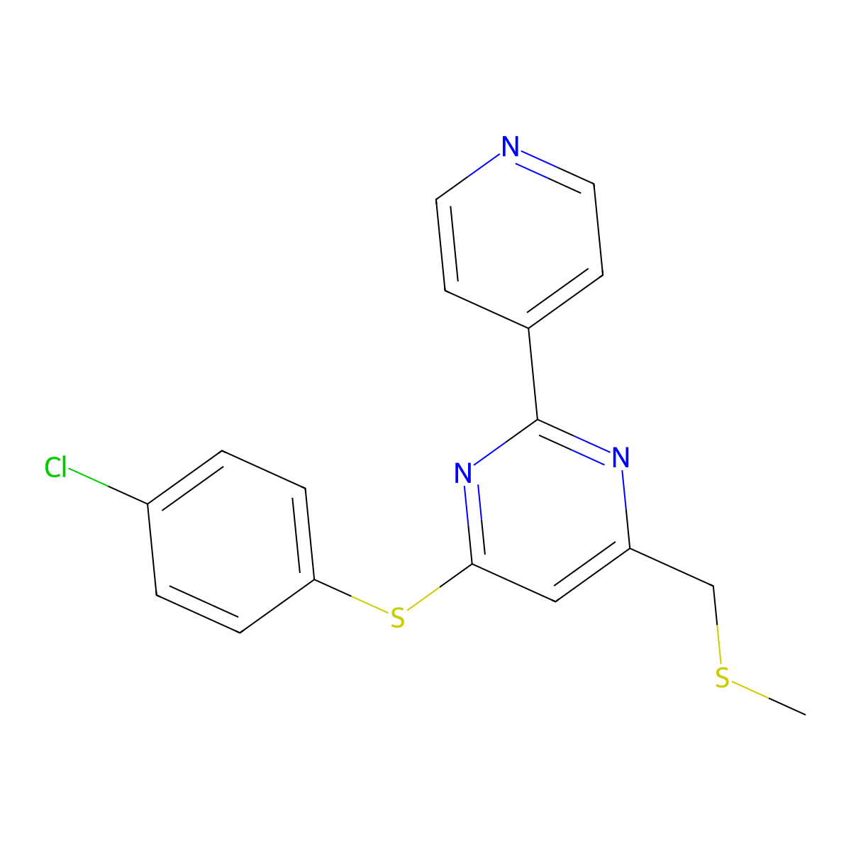 4-((4-Chlorophenyl)sulfanyl)-6-((methylsulfanyl)methyl)-2-(4-pyridinyl)pyrimidine molecular structure, CAS 478031-42-4