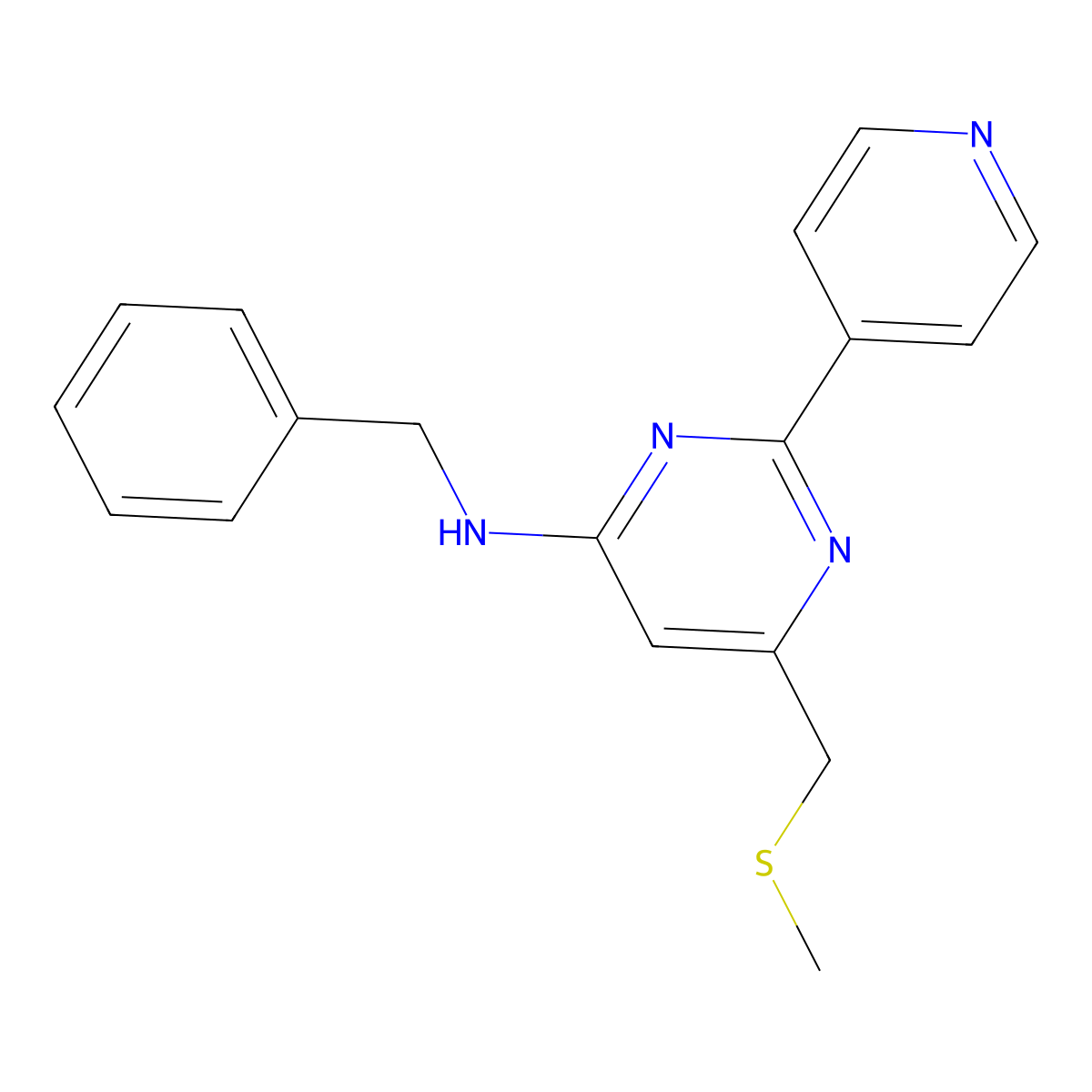 N-benzyl-6-[(methylsulfanyl)methyl]-2-(4-pyridinyl)-4-pyrimidinamine molecular structure, CAS 478031-50-4
