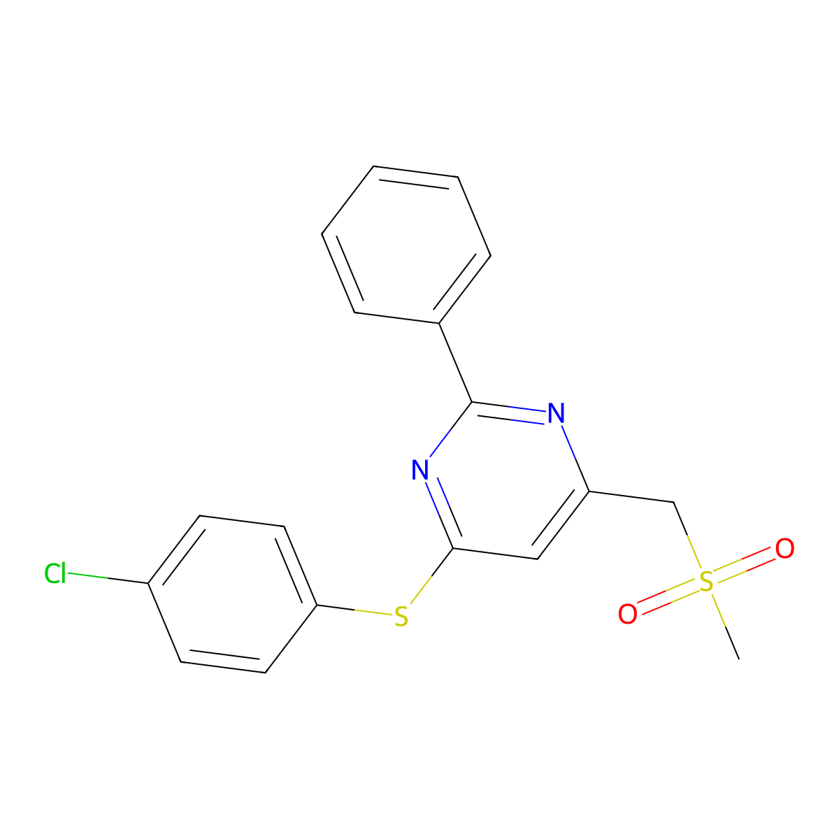 (6-((4-Chlorophenyl)sulfanyl)-2-phenyl-4-pyrimidinyl)methyl methyl sulfone molecular structure, CAS 478031-54-8