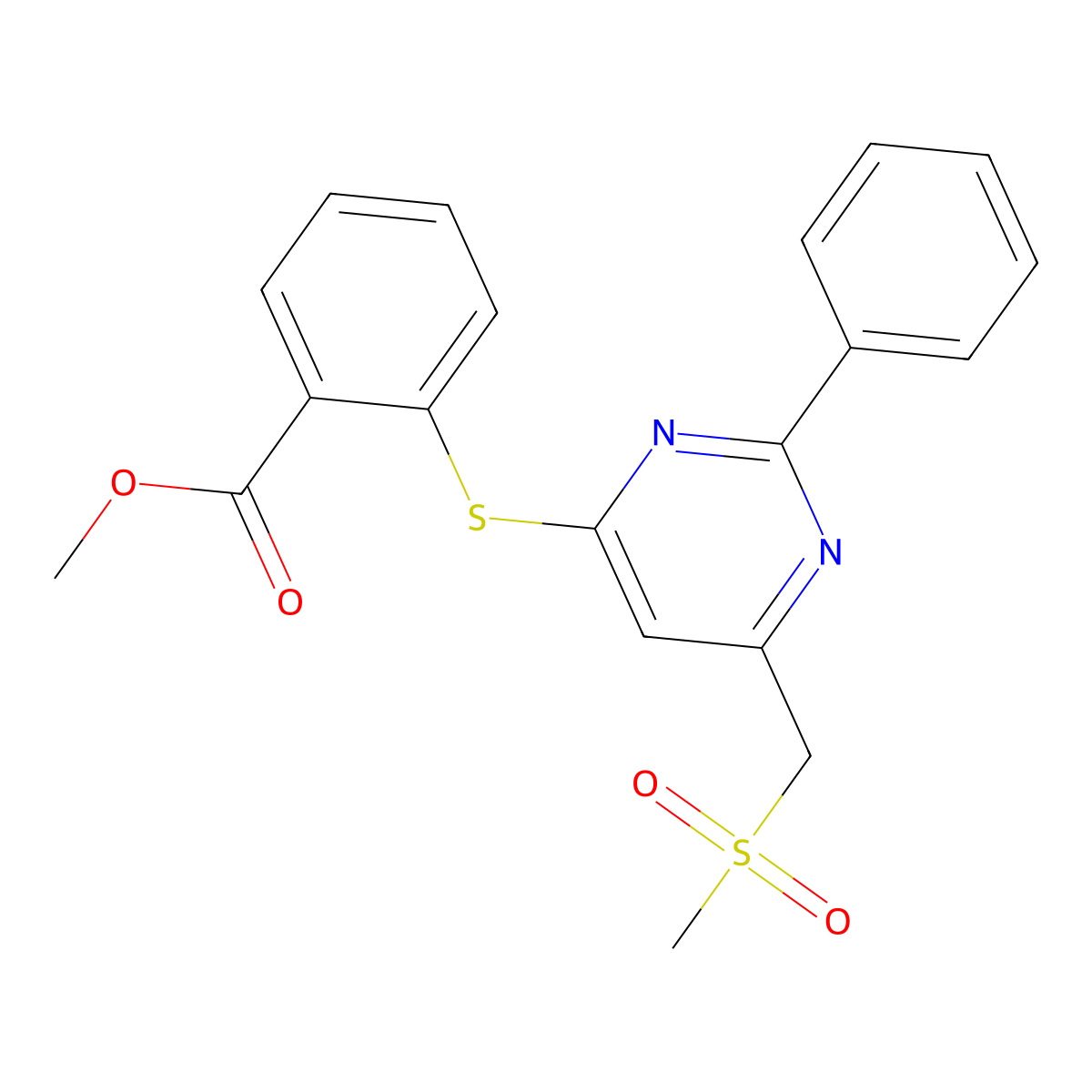Methyl 2-((6-((methylsulfonyl)methyl)-2-phenyl-4-pyrimidinyl)sulfanyl)benzenecarboxylate molecular structure, CAS 478031-59-3