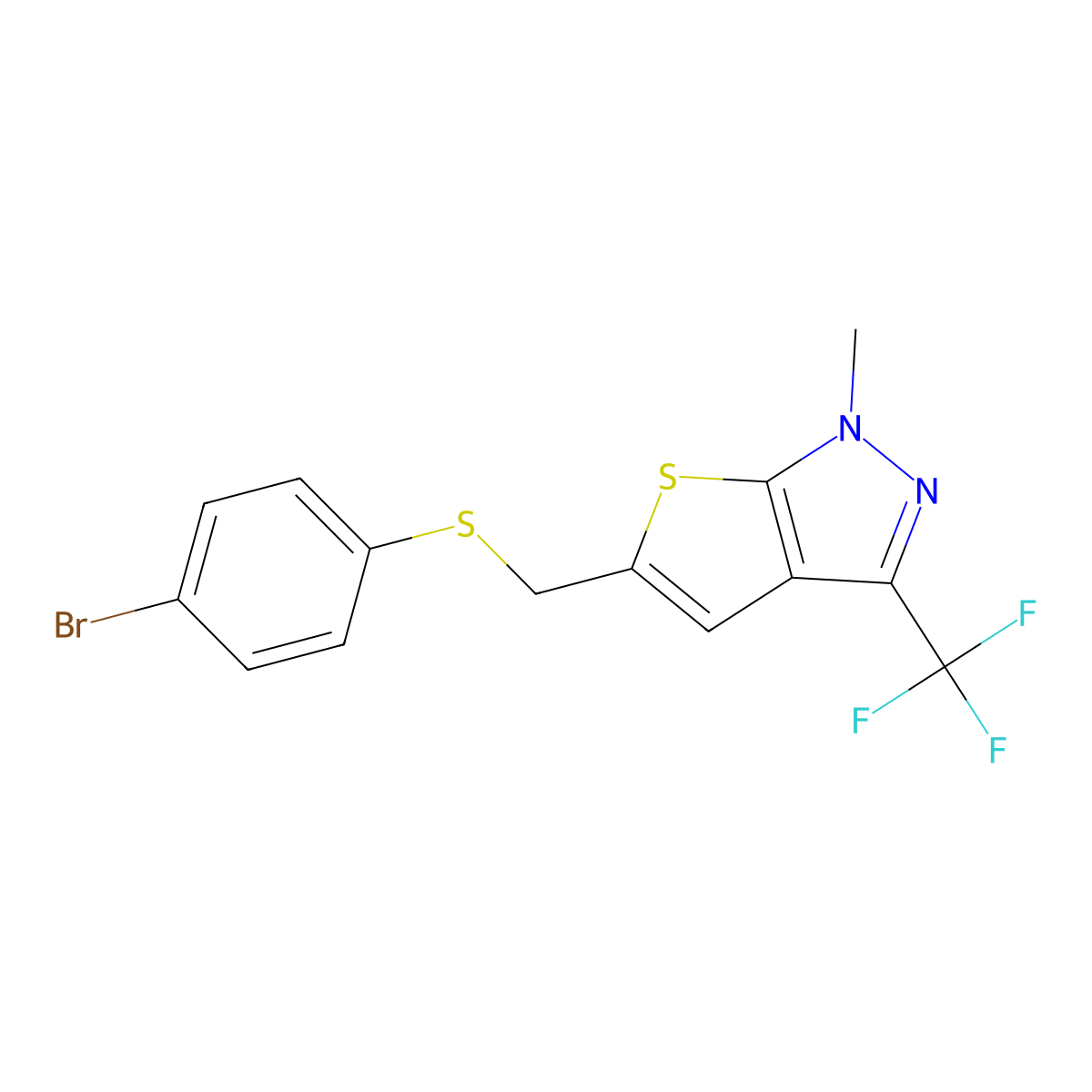 5-{[(4-bromophenyl)sulfanyl]methyl}-1-methyl-3-(trifluoromethyl)-1H-thieno[2,3-c]pyrazole molecular structure, CAS 478031-75-3