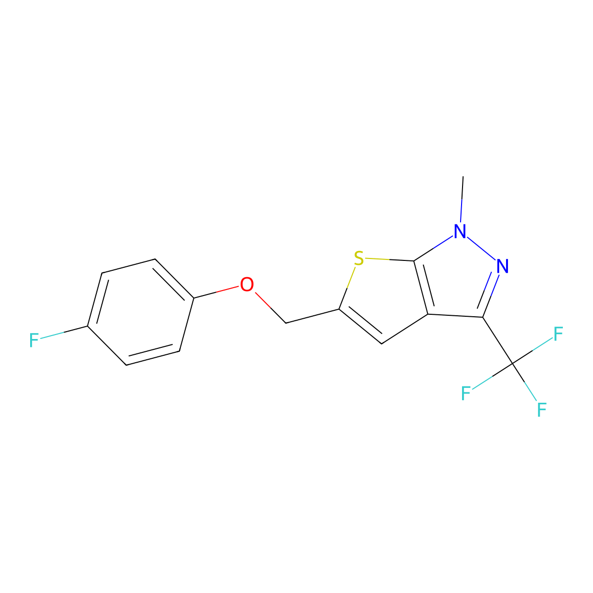 4-fluorophenyl [1-methyl-3-(trifluoromethyl)-1H-thieno[2,3-c]pyrazol-5-yl]methyl ether molecular structure, CAS 478031-78-6