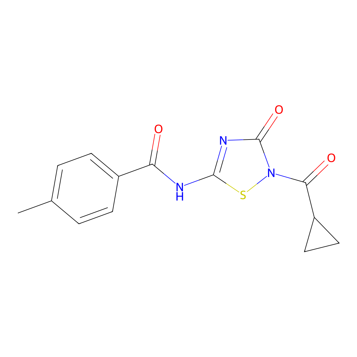 N-[2-(cyclopropylcarbonyl)-3-oxo-2,3-dihydro-1,2,4-thiadiazol-5-yl]-4-methylbenzenecarboxamide molecular structure, CAS 478031-92-4