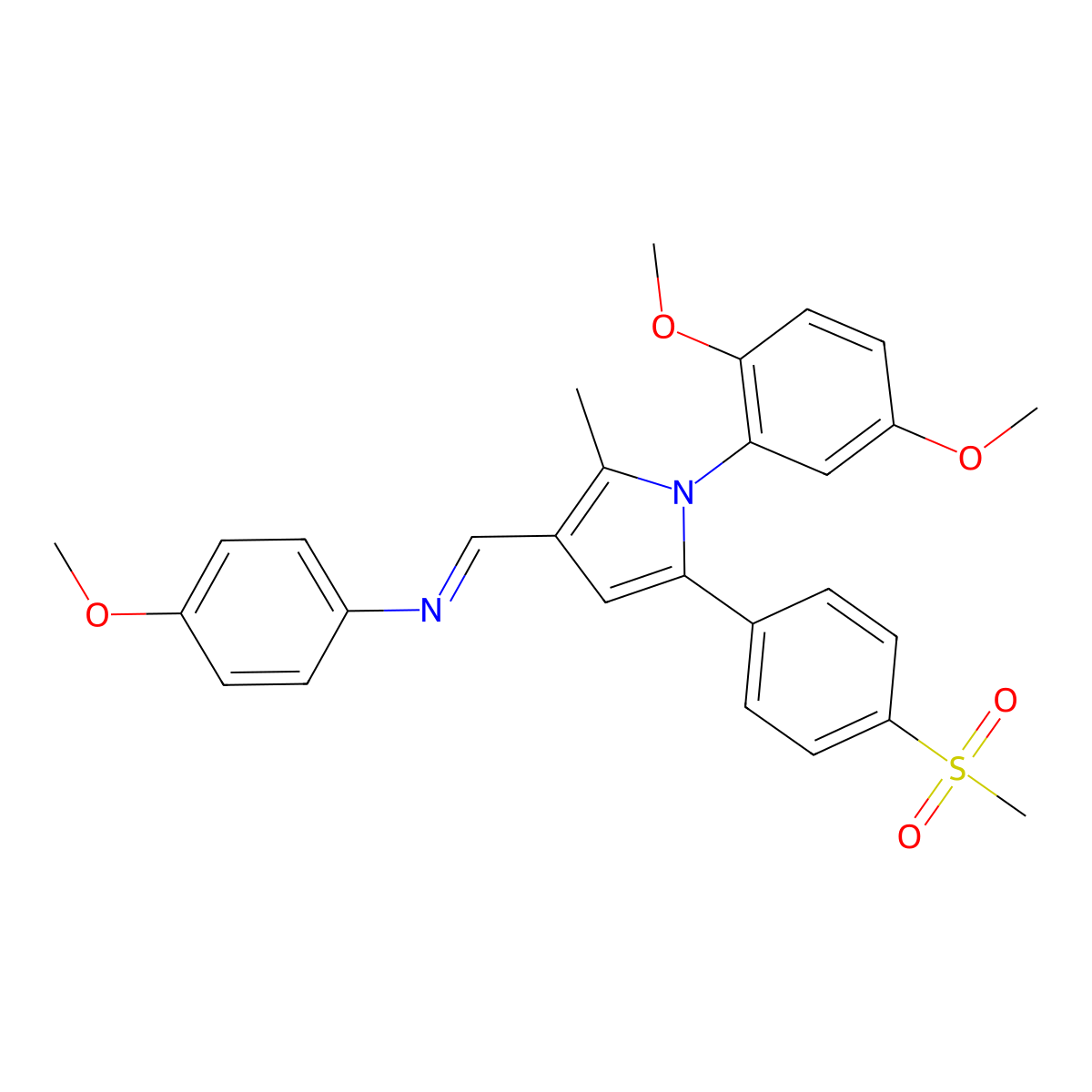 N-((E)-{1-(2,5-dimethoxyphenyl)-2-methyl-5-[4-(methylsulfonyl)phenyl]-1H-pyrrol-3-yl}methylidene)-4-methoxyaniline molecular structure, CAS 478032-28-9