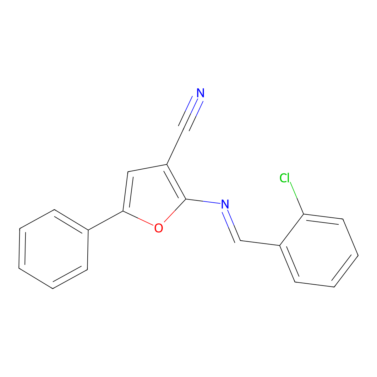 2-[(E)-[(2-chlorophenyl)methylidene]amino]-5-phenylfuran-3-carbonitrile molecular structure, CAS 478033-40-8