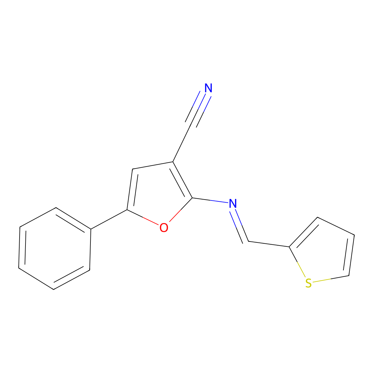 5-phenyl-2-{[(E)-2-thienylmethylidene]amino}-3-furonitrile molecular structure, CAS 478033-41-9