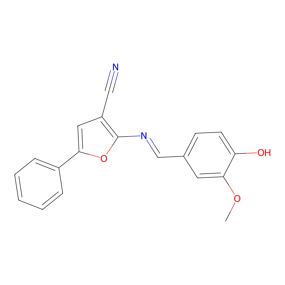 2-{[(E)-(4-hydroxy-3-methoxyphenyl)methylidene]amino}-5-phenyl-3-furonitrile molecular structure, CAS 478033-44-2