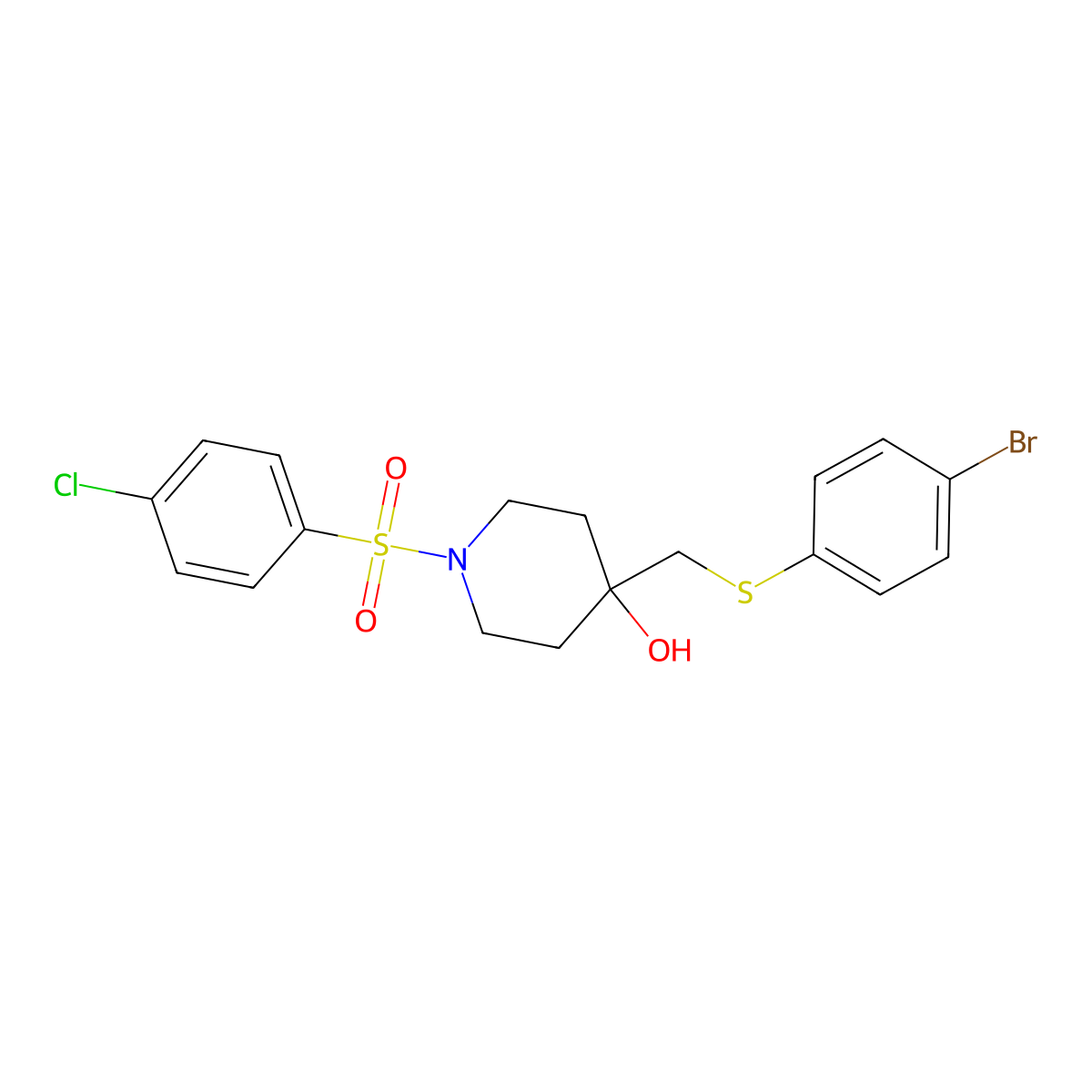 4-{[(4-Bromophenyl)sulfanyl]methyl}-1-[(4-chlorophenyl)sulfonyl]-4-piperidinol molecular structure, CAS 478041-70-2