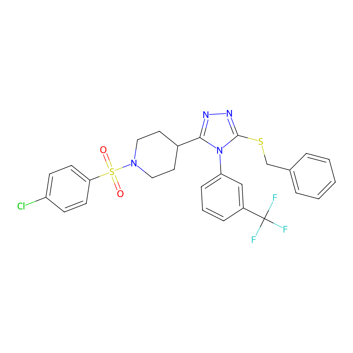 4-[5-Benzylsulfanyl-4-[3-(trifluoromethyl)phenyl]-1,2,4-triazol-3-yl]-1-(4-chlorophenyl)sulfonylpiperidine molecular structure, CAS 478042-34-1