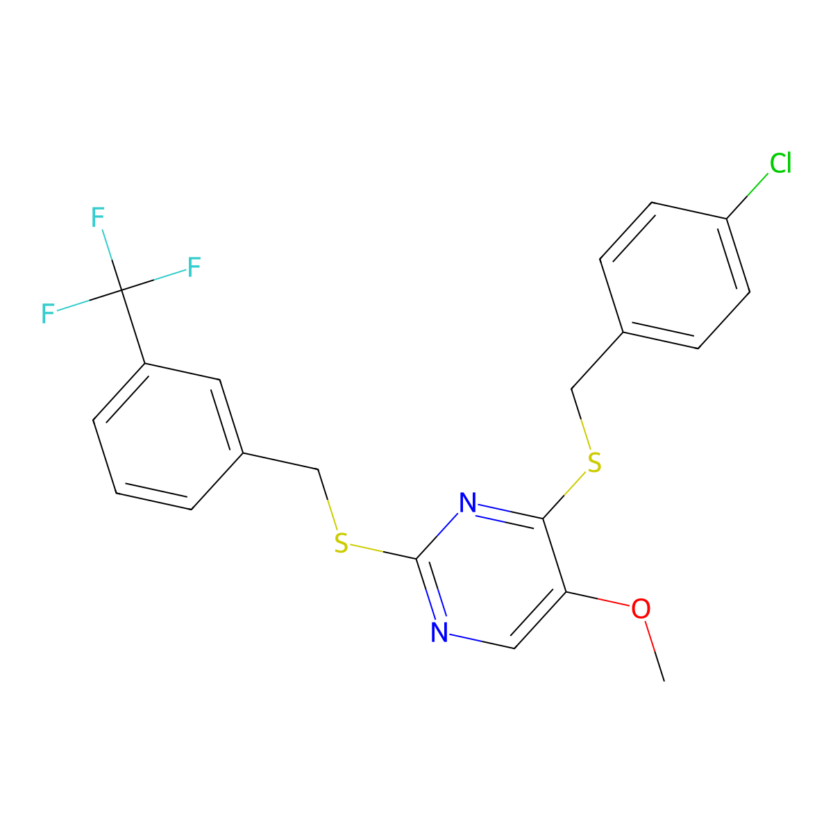 4-[(4-Chlorobenzyl)sulfanyl]-2-{[3-(trifluoromethyl)benzyl]sulfanyl}-5-pyrimidinyl methyl ether molecular structure, CAS 478042-71-6