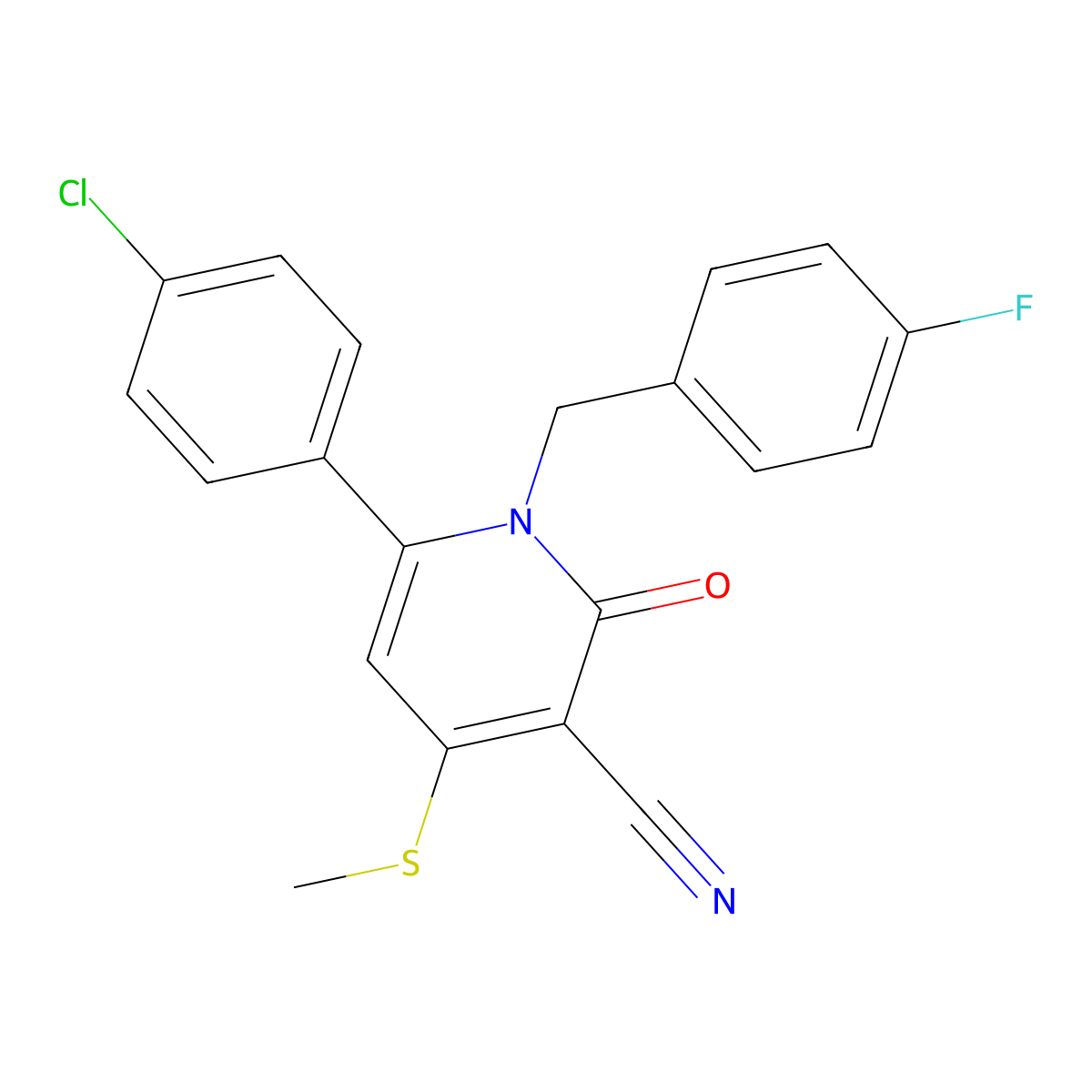 6-(4-Chlorophenyl)-1-(4-fluorobenzyl)-4-(methylsulfanyl)-2-oxo-1,2-dihydro-3-pyridinecarbonitrile molecular structure, CAS 478042-87-4
