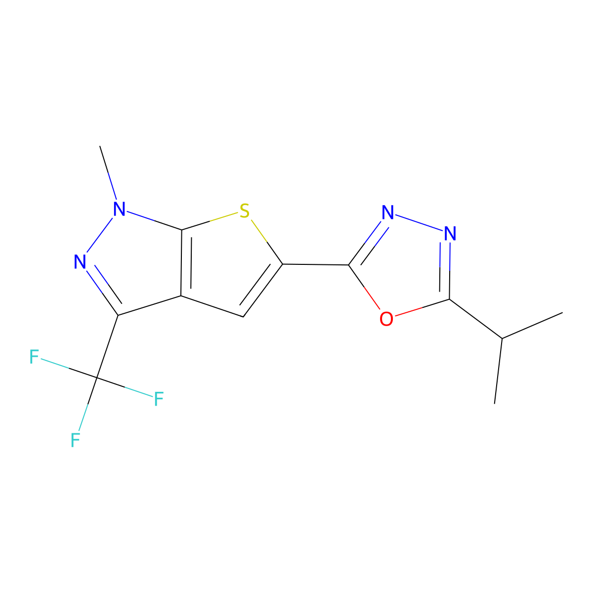 5-(5-isopropyl-1,3,4-oxadiazol-2-yl)-1-methyl-3-(trifluoromethyl)-1H-thieno[2,3-c]pyrazole molecular structure, CAS 478043-14-0