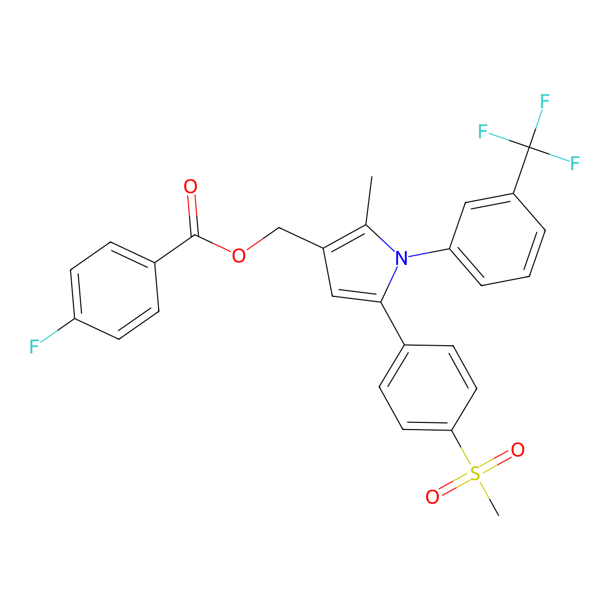 [2-Methyl-5-(4-methylsulfonylphenyl)-1-[3-(trifluoromethyl)phenyl]pyrrol-3-yl]methyl 4-fluorobenzoate molecular structure, CAS 478043-41-3