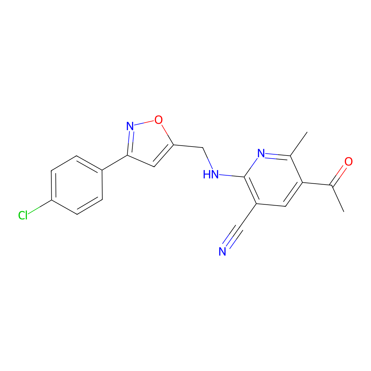 5-Acetyl-2-({[3-(4-chlorophenyl)-5-isoxazolyl]methyl}amino)-6-methylnicotinonitrile molecular structure, CAS 478043-44-6