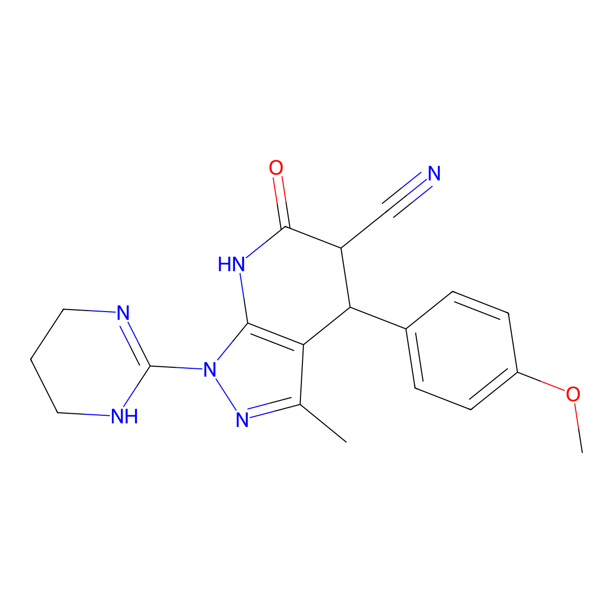 4-(4-methoxyphenyl)-3-methyl-6-oxo-1-(1,4,5,6-tetrahydro-2-pyrimidinyl)-4,5,6,7-tetrahydro-1H-pyrazolo[3,4-b]pyridine-5-carbonitrile molecular structure, CAS 478043-74-2
