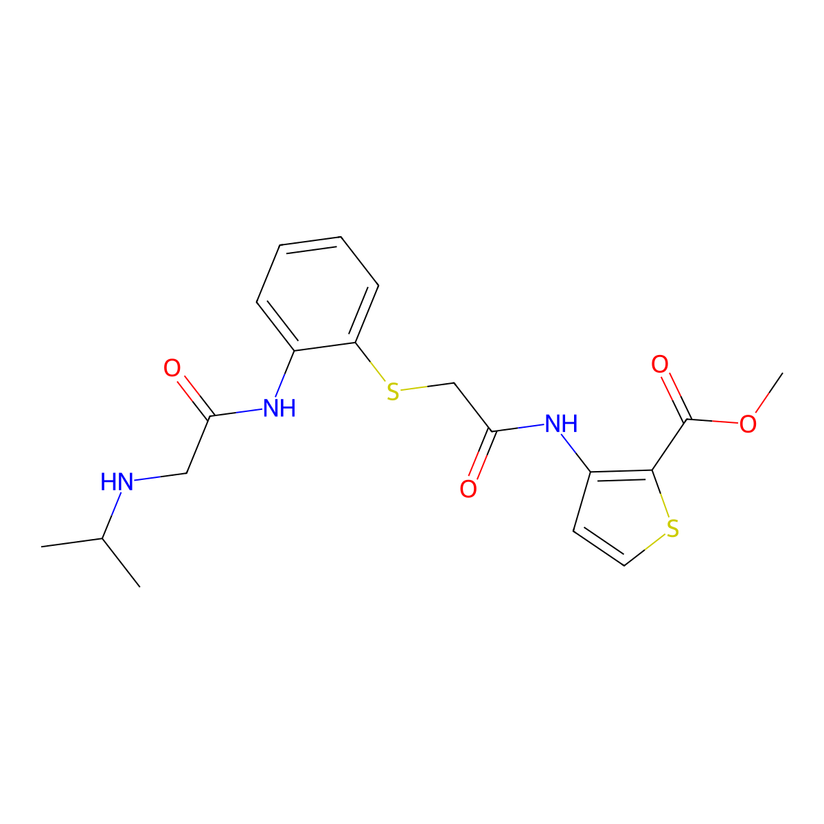 Methyl 3-({2-[(2-{[2-(isopropylamino)acetyl]amino}phenyl)sulfanyl]acetyl}amino)-2-thiophenecarboxylate molecular structure, CAS 478045-25-9