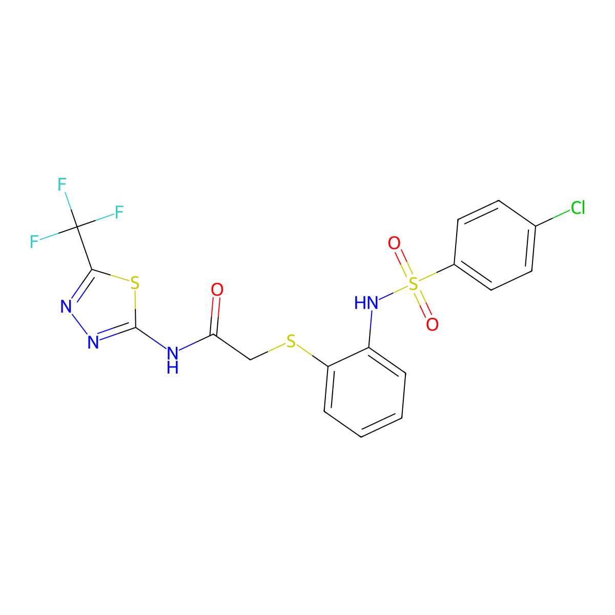 2-[(2-{[(4-chlorophenyl)sulfonyl]amino}phenyl)sulfanyl]-N-[5-(trifluoromethyl)-1,3,4-thiadiazol-2-yl]acetamide molecular structure, CAS 478045-39-5