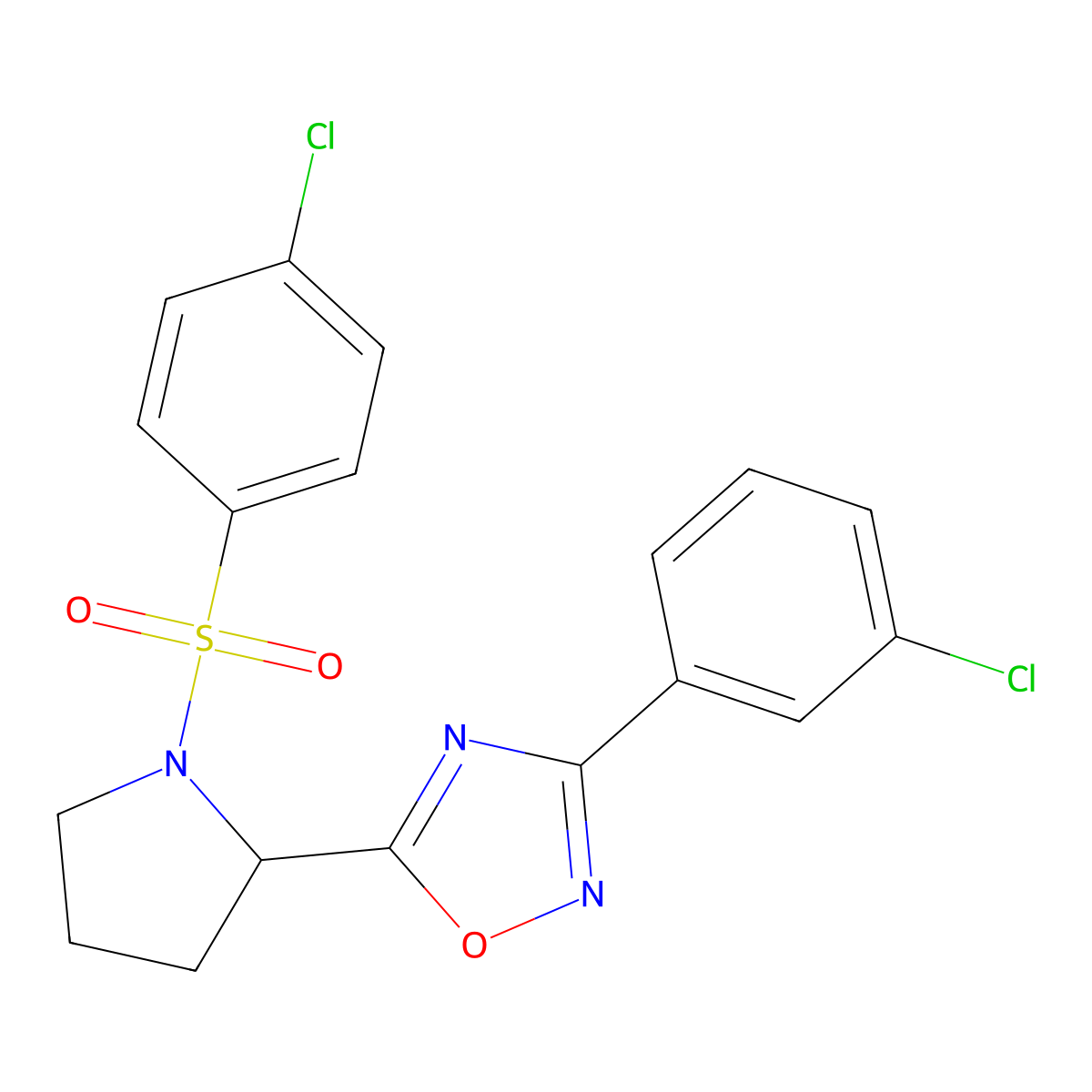 3-(3-Chlorophenyl)-5-{1-[(4-chlorophenyl)sulfonyl]-2-pyrrolidinyl}-1,2,4-oxadiazole molecular structure, CAS 478045-78-2
