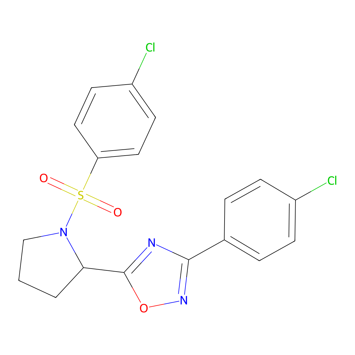3-(4-Chlorophenyl)-5-{1-[(4-chlorophenyl)sulfonyl]-2-pyrrolidinyl}-1,2,4-oxadiazole molecular structure, CAS 478045-79-3