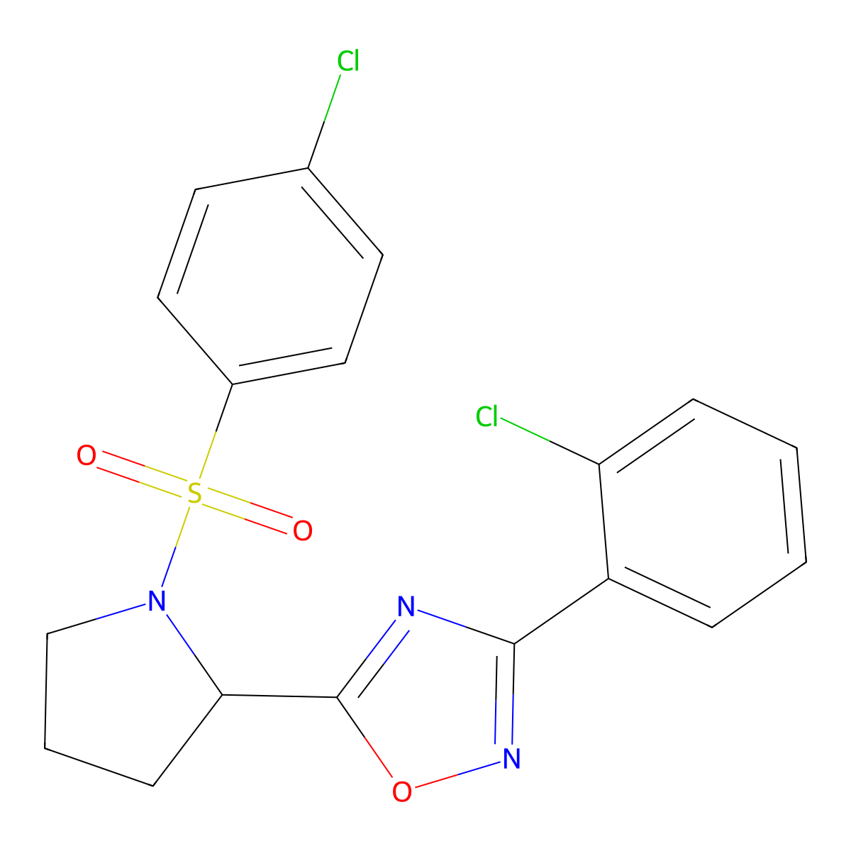3-(2-Chlorophenyl)-5-{1-[(4-chlorophenyl)sulfonyl]-2-pyrrolidinyl}-1,2,4-oxadiazole molecular structure, CAS 478045-80-6