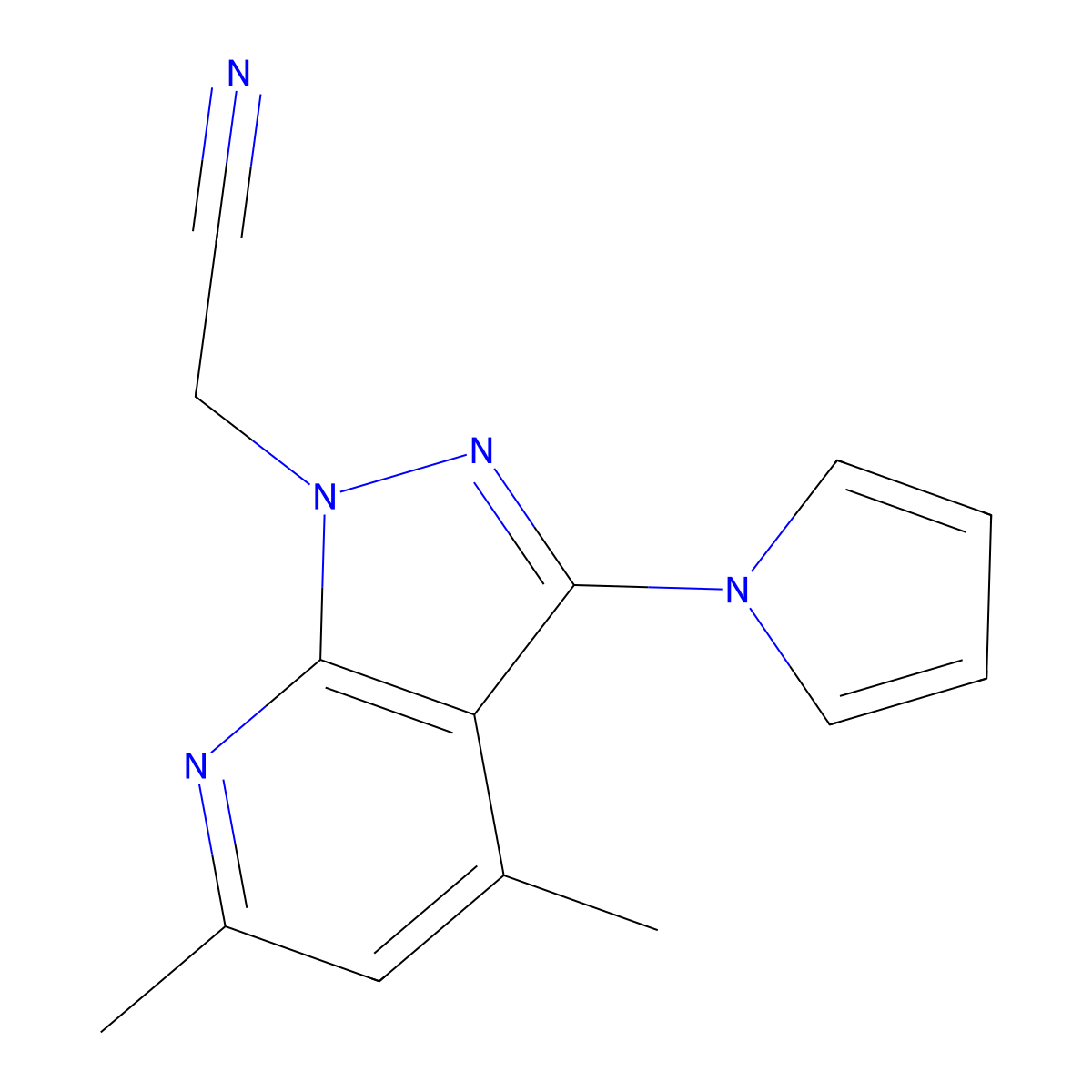 2-[4,6-dimethyl-3-(1H-pyrrol-1-yl)-1H-pyrazolo[3,4-b]pyridin-1-yl]acetonitrile molecular structure, CAS 478047-23-3