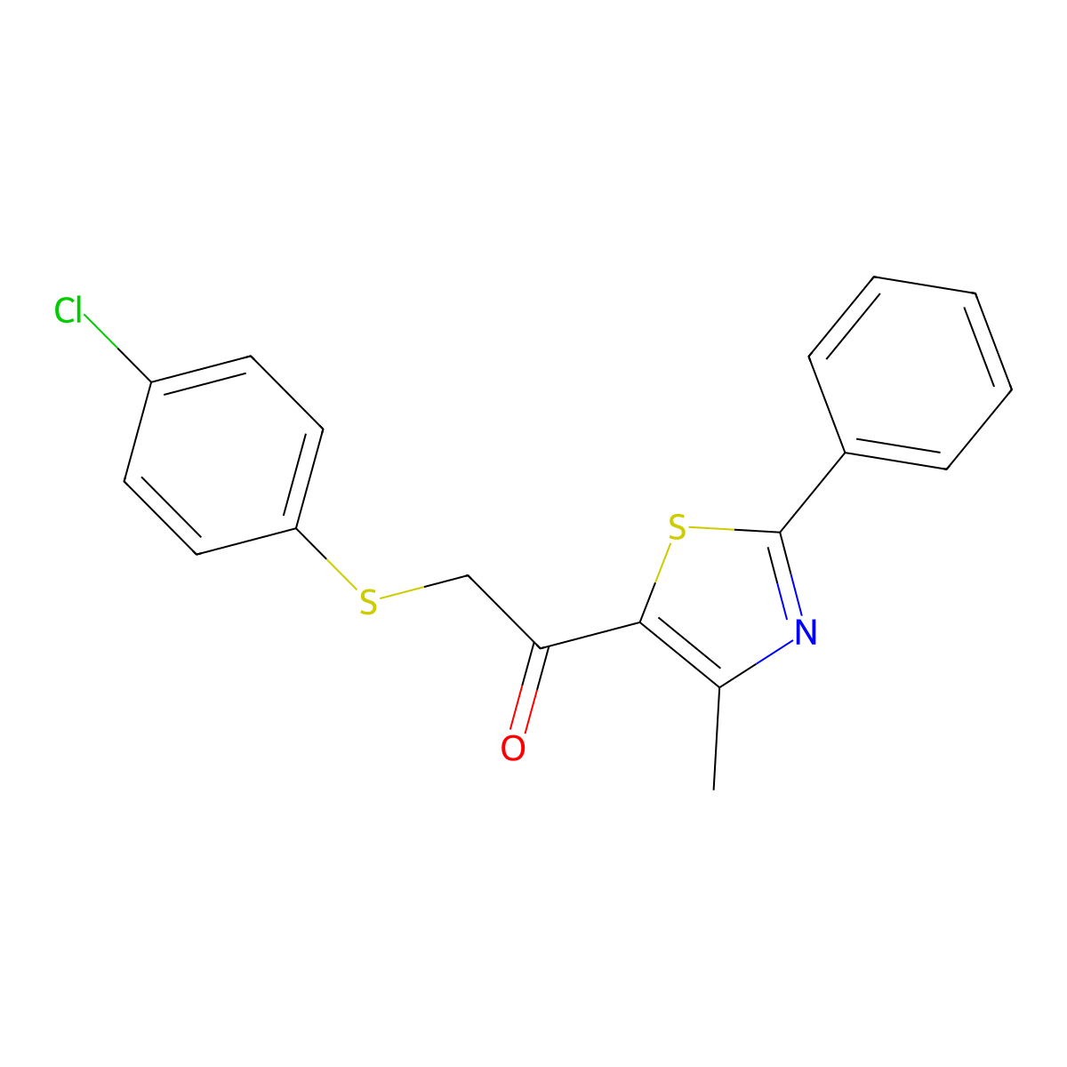 2-[(4-Chlorophenyl)sulfanyl]-1-(4-methyl-2-phenyl-1,3-thiazol-5-yl)-1-ethanone molecular structure, CAS 478047-38-0