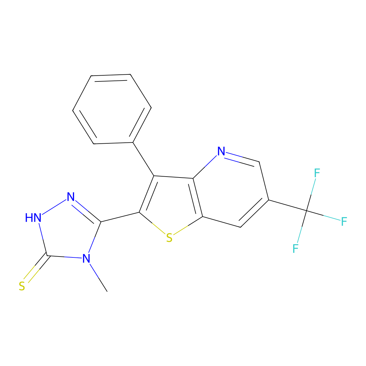 4-methyl-5-[3-phenyl-6-(trifluoromethyl)thieno[3,2-b]pyridin-2-yl]-4H-1,2,4-triazole-3-thiol molecular structure, CAS 478048-39-4