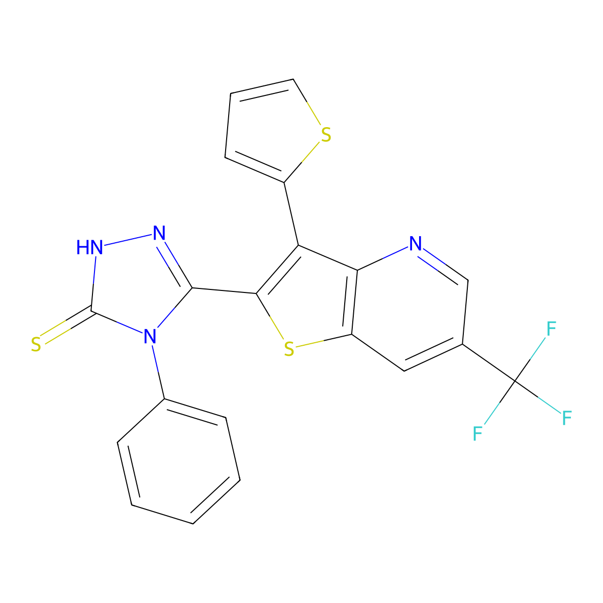 4-phenyl-5-[3-(2-thienyl)-6-(trifluoromethyl)thieno[3,2-b]pyridin-2-yl]-4H-1,2,4-triazol-3-ylhydrosulfide molecular structure, CAS 478048-40-7