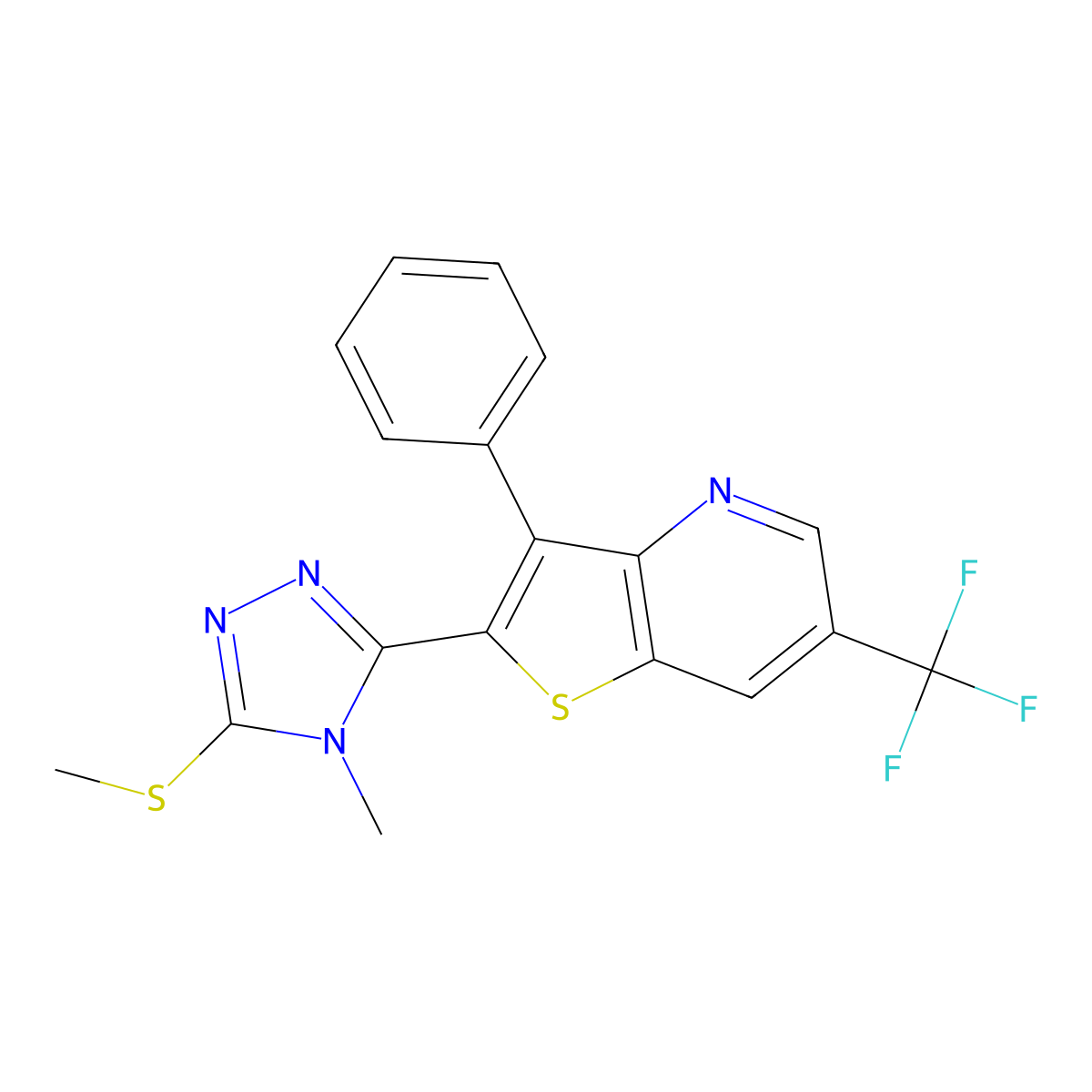 2-[4-methyl-5-(methylsulfanyl)-4H-1,2,4-triazol-3-yl]-3-phenyl-6-(trifluoromethyl)thieno[3,2-b]pyridine molecular structure, CAS 478048-41-8