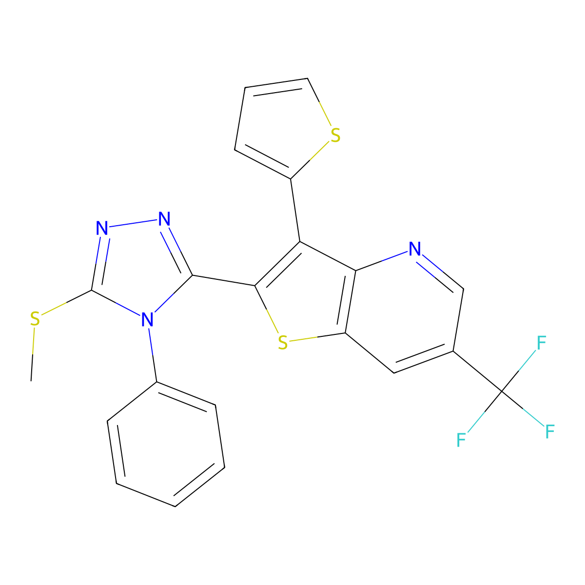 2-[5-(methylsulfanyl)-4-phenyl-4H-1,2,4-triazol-3-yl]-3-(2-thienyl)-6-(trifluoromethyl)thieno[3,2-b]pyridine molecular structure, CAS 478048-42-9