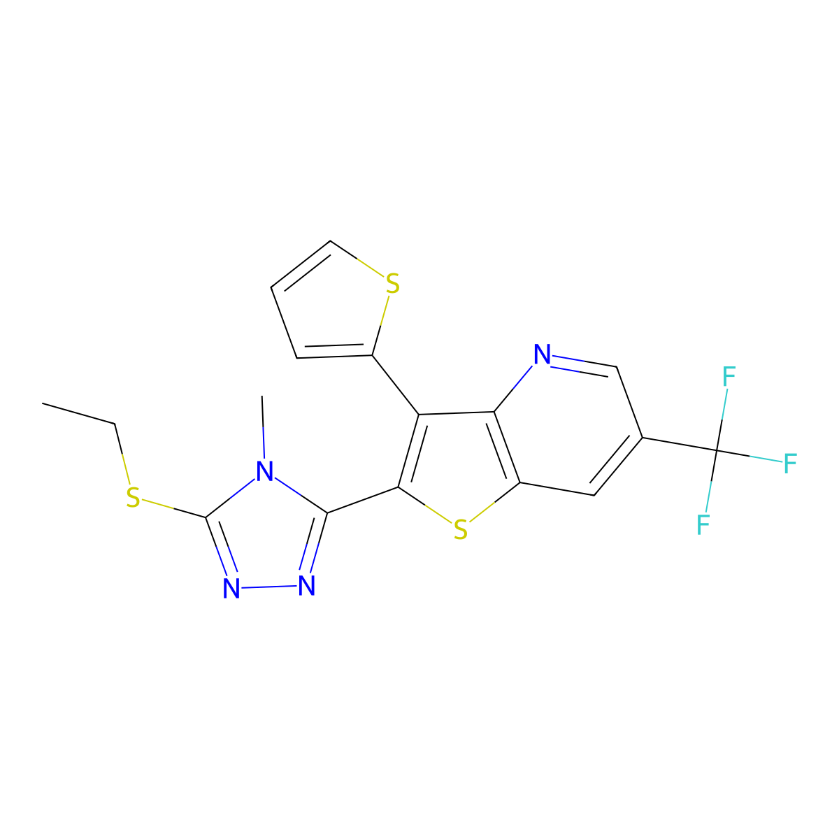 2-[5-(ethylsulfanyl)-4-methyl-4H-1,2,4-triazol-3-yl]-3-(2-thienyl)-6-(trifluoromethyl)thieno[3,2-b]pyridine molecular structure, CAS 478048-43-0