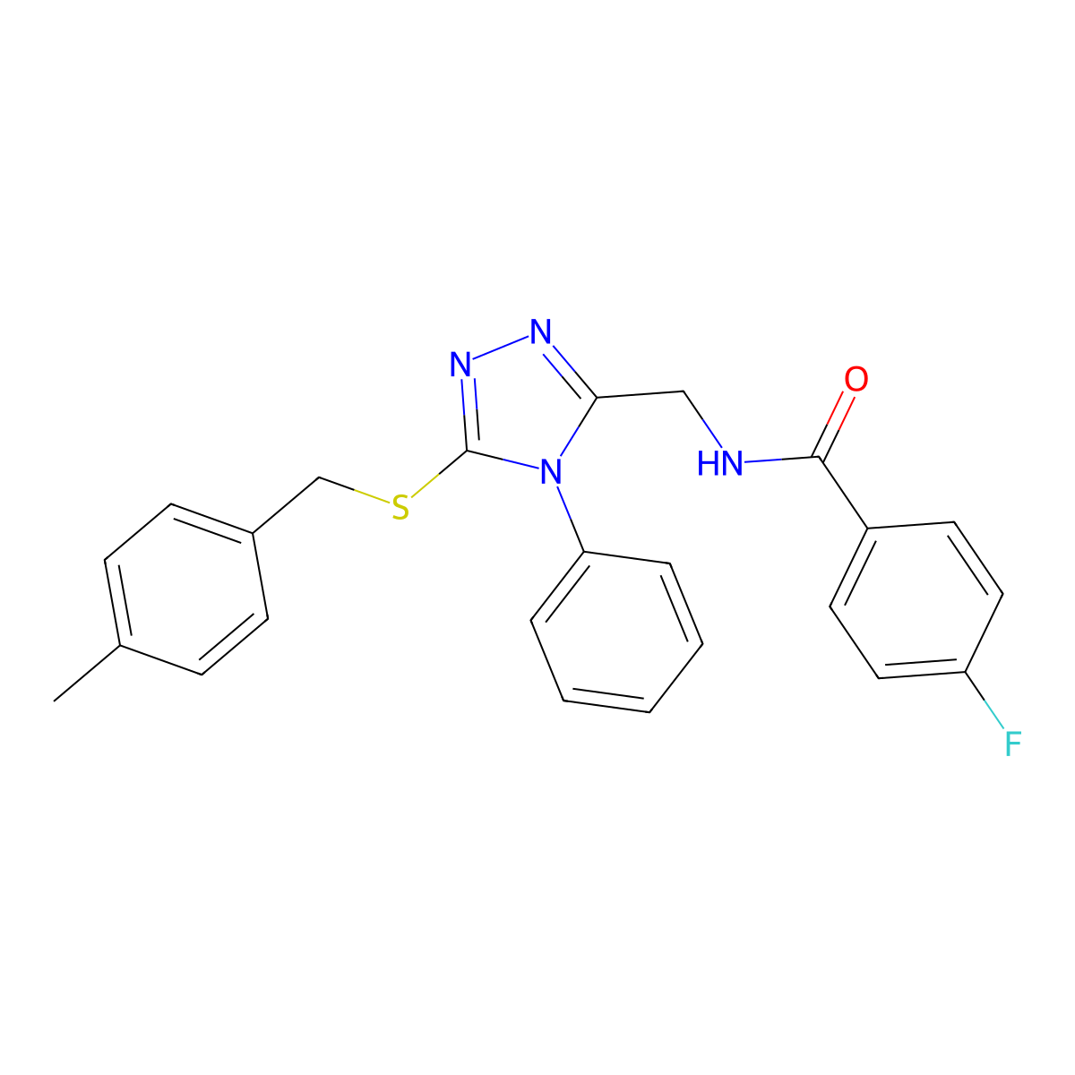 4-fluoro-N-[[5-[(4-methylphenyl)methylsulfanyl]-4-phenyl-1,2,4-triazol-3-yl]methyl]benzamide molecular structure, CAS 478049-24-0