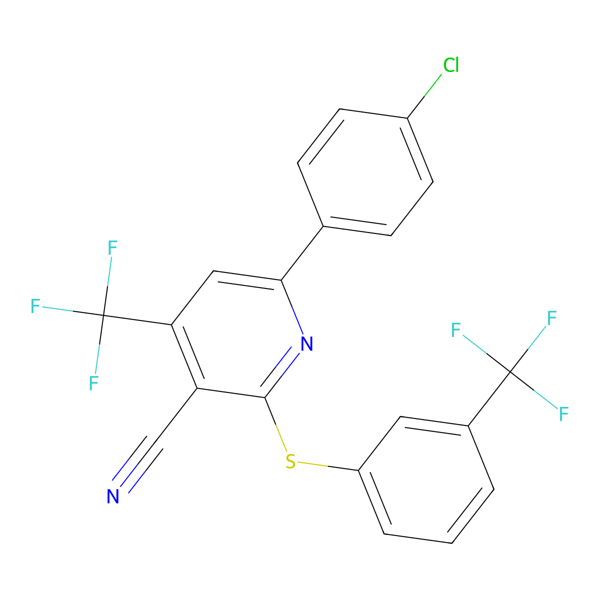 6-(4-Chlorophenyl)-4-(trifluoromethyl)-2-{[3-(trifluoromethyl)phenyl]sulfanyl}nicotinonitrile molecular structure, CAS 478049-42-2