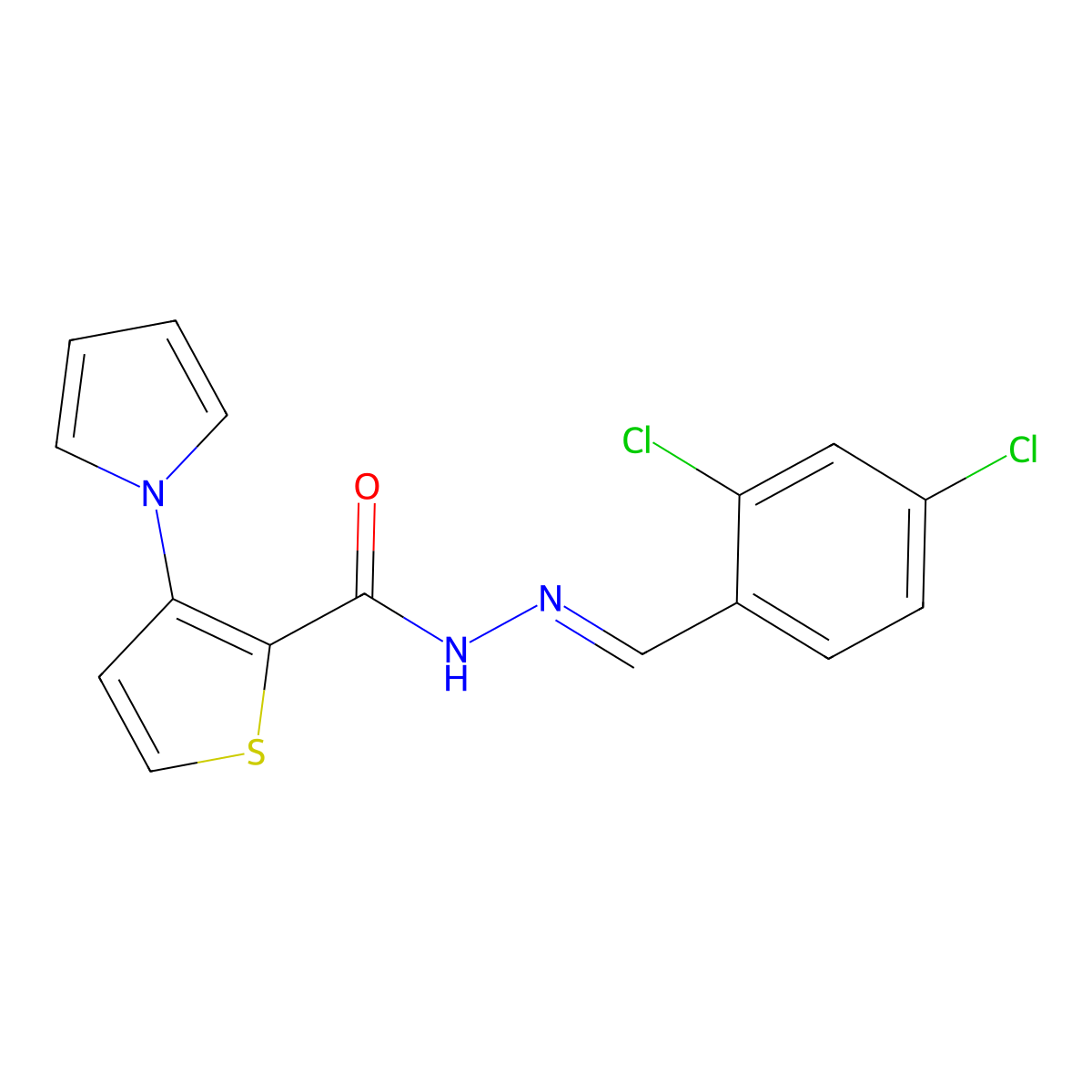 N-[(2,4-dichlorophenyl)methylideneamino]-3-pyrrol-1-ylthiophene-2-carboxamide molecular structure, CAS 478063-24-0