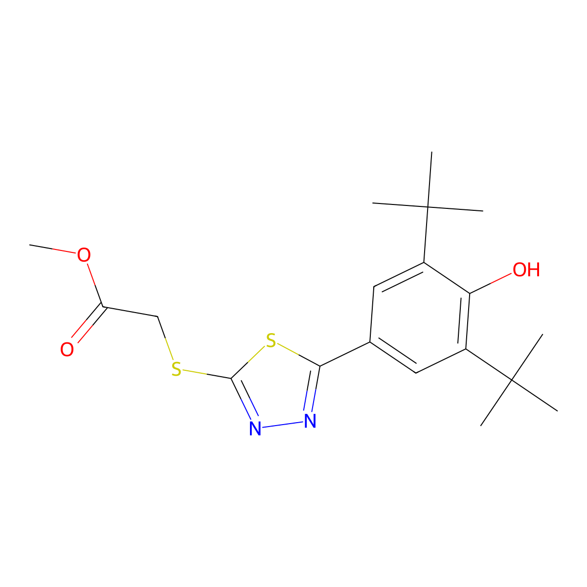 Methyl 2-({5-[3,5-di(tert-butyl)-4-hydroxyphenyl]-1,3,4-thiadiazol-2-yl}sulfanyl)acetate molecular structure, CAS 478063-29-5